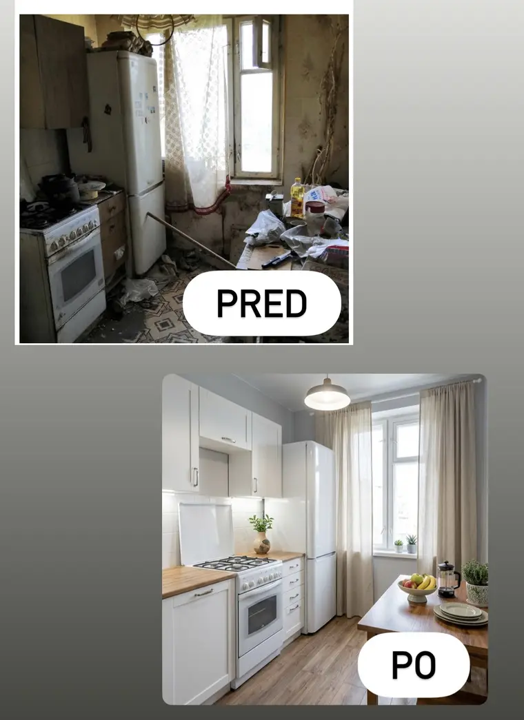 Kuchyň před a po kompletní rekonstrukci