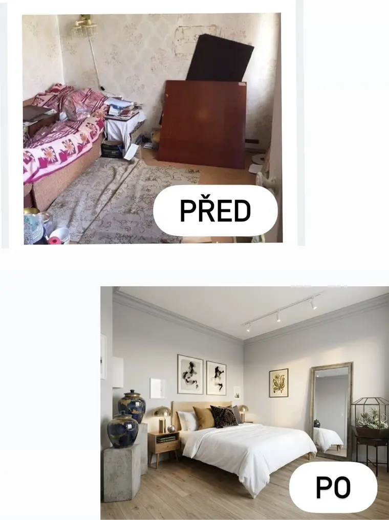 Pokoj před a po home stagingu k prodeji