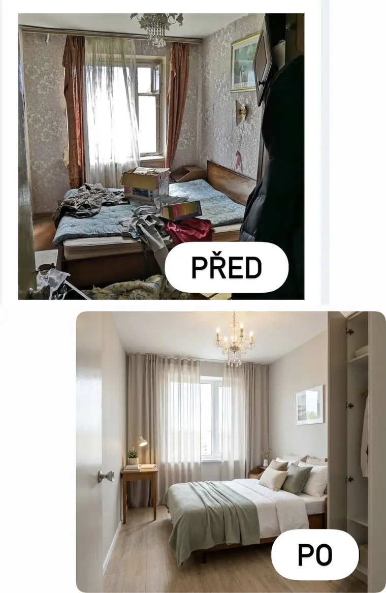 Ložnice před a po vyklizení a home stagingu